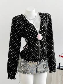 Comfortcana Women's Polka Dot Fuzzy Ball Decor Zipper Sweatshirt, Versatile For Daily Commute, Autumn/Winter - Black - View 5