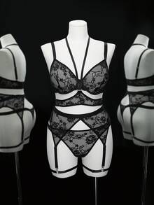5pcs Plus Size Lace Underwire Sexy Lingerie Set - Black - View 1