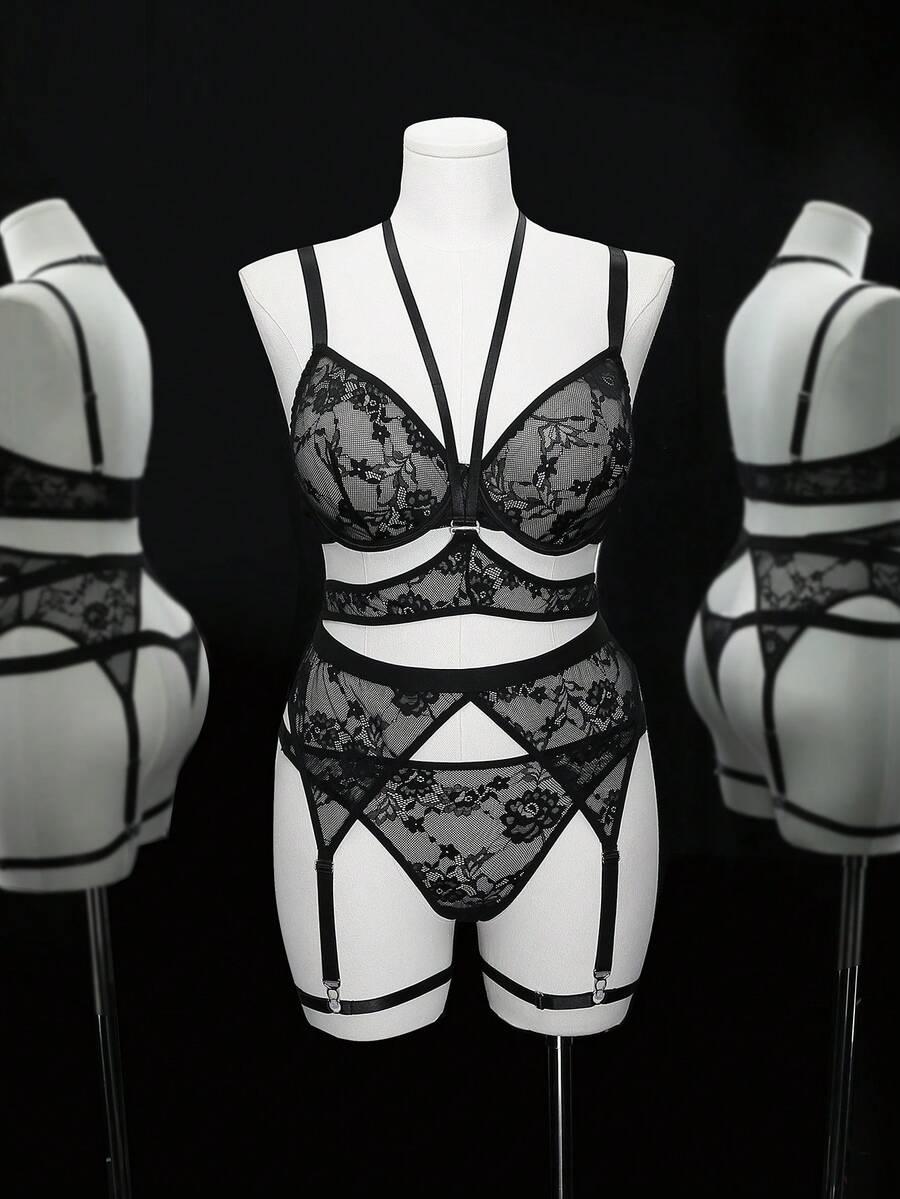 5pcs Plus Size Lace Underwire Sexy Lingerie Set - Black - View 1
