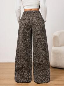SHEIN PETITE 冬季女装时尚豹纹派对圣诞新年阔腿棕色豹纹牛仔裤 - 芥末黃 - 查看 5