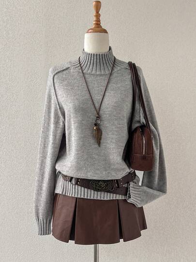 Sweetra Soft Cotton High Neck Sweater For Women, Cozy Loose Knit Pullover, Korean Style, Autumn/Winter