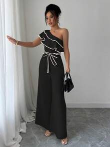 Elenzga Women's Apricot Asymmetric Shoulder Ruffle Cinched Waist Straight Jumpsuit - Black - View 6