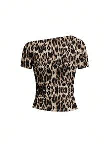Ellevyn Asymmetric Ruched Shoulder Cutout Short Sleeve Knit Solid Tee For Women, Elegant, Spring/Summer - Multicolor - View 8