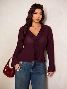Elaquor Blusa de mujer de talla grande con cuello de volantes, manga acampanada y lazo delantero en unicolor, para primavera. Blusa con lazo delantero para mujer en primavera - Burdeos - Ver 7