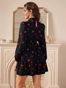 Amorya Vestido de mujer con estampado de corazón, cuello con volantes y mangas farol - Rojo y negro - Ver 3