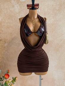 Soleia Váy ngắn không tay hở vai xếp nếp màu trơn gợi cảm cho nữ - Cà phê nâu - Xem 7