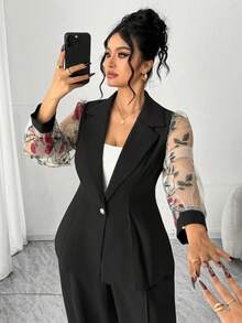 SHEIN Clasi Bộ đồ vest dáng chữ A thắt eo thêu hoa bằng lưới cỡ lớn dành cho nữ, trang phục thanh lịch cho các buổi đi chơi, tụ tập, đi dạo, thích hợp cho ngày tựu trường, lễ tốt nghiệp, ngày lễ, ngày lễ tình nhân, lễ hội âm nhạc, ngày của mẹ, halloween, lễ tạ ơn, lễ phục sinh, ngày quốc khánh, khiêu vũ, hẹn hò, tiệc tùng, đám cưới, hoạt động ngoài trời - màu đen - Xem 4