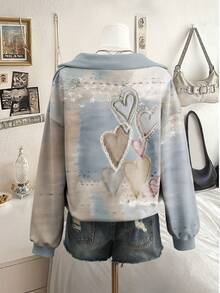 INAWLY 心形印花半拉链宽松休闲套头卫衣 - 灰色 - 查看 2