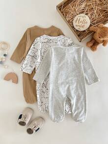 3件套新生女宝宝可爱休闲针织粉色碎花长袖连体睡衣套装 - 彩色 - 查看 2