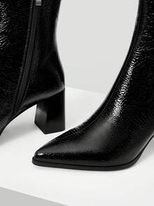 MOTF WOMEN'S SOLID COLOR FASHION POINTED TOE SIDE ZIPPER HIGH HEEL MID-CALF BOOTS FOR CHRISTMAS - Black - View 6