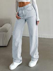 EURMUSE 100%Cotton Straight Leg Jeans Snow Wash - Light Wash - View 6