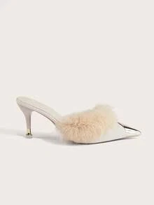 Enchnt Women Mules Heels Fluffy Decor Pointed Toe Slip On Backless Slides, Fashion Casual Mules For Fall/Winter,Sexy,Women Pumps - Beige - View 4