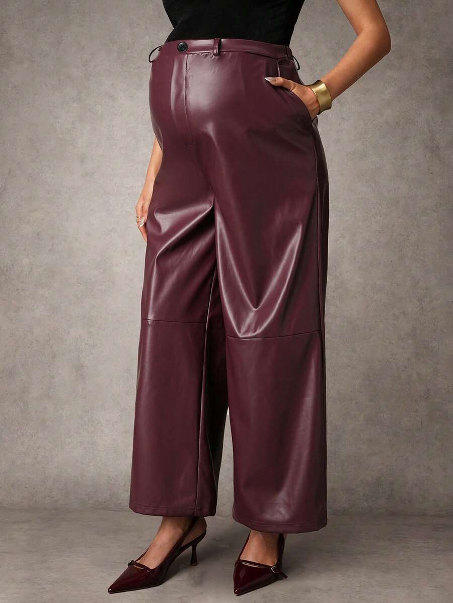MaterniChic Maternity Stylish Commuter High Waist Wide Leg Pants - Burgundy - View 1