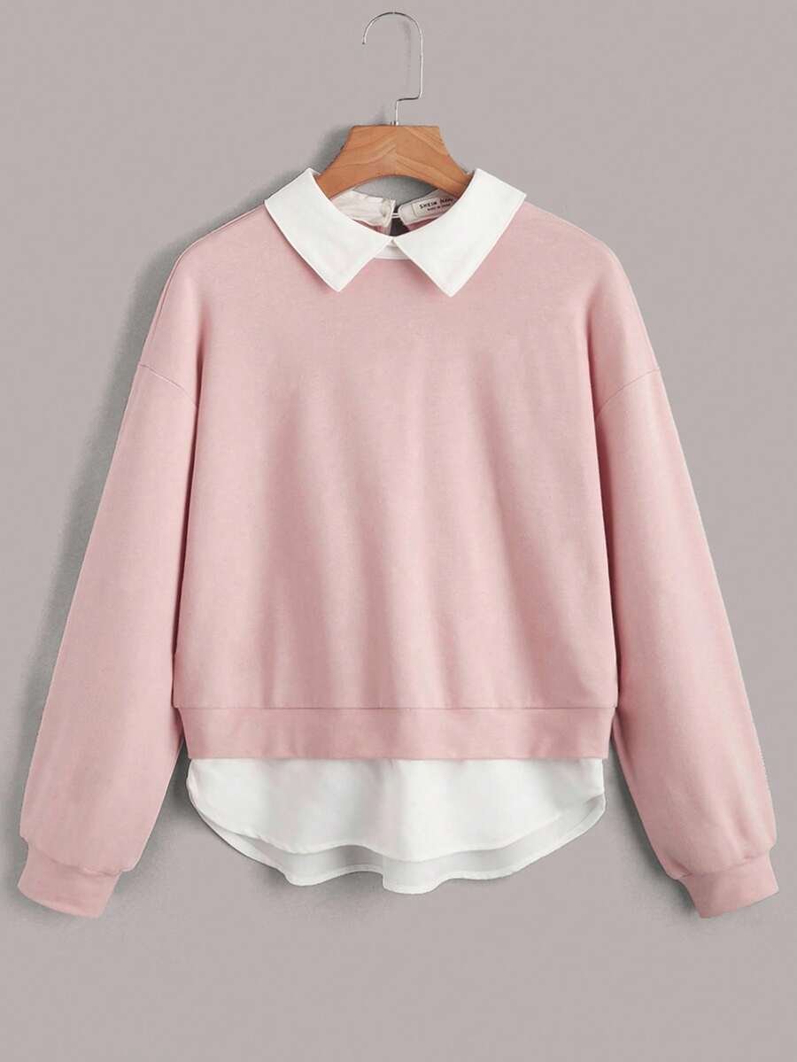 SHEIN Áo nỉ nữ tuổi teen cổ sơ mi phối nhiều mảnh, trang trí nơ, tay dài, kiểu chui đầu, co giãn, thích hợp cho mùa thu/đông. - Hồng - Xem 1