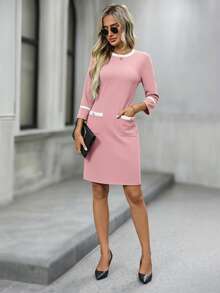 EMERY ROSE Women's Elegant Commuter Color Block Trim Fitted Mid-Length Dress   Valentine Outfits For Women - Pink - View 5