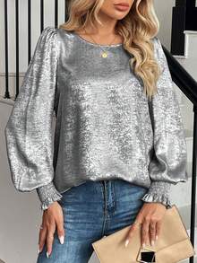 SHEIN LUNE 女士宽松圆领箔褶喇叭袖衬衫 - 銀色 - 查看 5