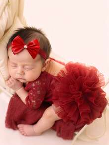 SHEIN 2Pcs Set Red Newborn Photography Lace Romper With Bowknot Pearl Headband Baby Girl Photo Shooting Props Infant Studio Taking Picture Clothes - Red - View 3