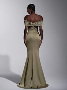 Elitara Elegant Green 3D Lace Beaded Satin Patchwork Strapless Off Shoulder Fishbone Pleated Waist Butterfly Metal Decor Front Draped Fishtail Formal Dress, Suitable For All Formal Occasions, Weddings - Olive Green - View 4