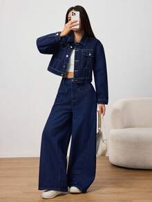 SHEIN PETITE 女士休闲水洗短款牛仔外套，秋冬季舒适休闲百搭通勤水洗牛仔外套