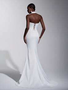 Elitara Elegant Luxury Romantic French Embroidery Bone Line Pearl Lace Off-Shoulder Cat-Shaped Bust, Sheer Side Panel, Fishtail Hem Women's Wedding Dress, Formal Gown, Evening Dress