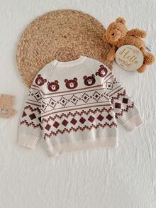 Loomiva Baby Boy Cartoon Bear Retro Pattern Knitted Soft Crew Neck Long Sleeve Sweater,In Fall/Winter - Multicolor - View 2
