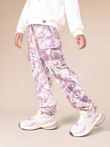 SUMWON Tween Floral Print Hoodie And Jogger Co-Ord Set Without Drawstring Hood Centre Pocket Elastic Waist Casual Relaxed Fit Purple White Two Piece Outfit Vacation - White - View 4