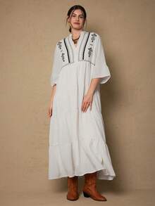 SHEIN VCAY Đầm voan xếp ly dáng rộng, thêu họa tiết, phong cách Bohemian, trang phục nữ Boho, đồng quê. - Màu be - Xem 6