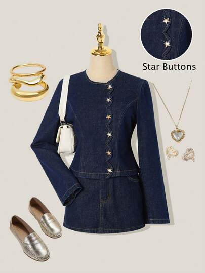 SHEIN MOD 女士休闲通勤金属装饰牛仔夹克 法式牛仔夹克 女士工作夹克 女士冬季夹克 女士圣诞节新年派对夹克 毕业典礼夹克 优雅夹克 女士时尚夹克 闪光夹克 亮片夹克 女士休闲牛仔夹克，带扇形门襟和金色星星装饰 长袖外套