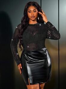 Truni Plus Size Women's Black Striped Sheer Long Sleeve Mesh Top,Classy Formal Evening Night Out Club Autumn T-Shirt For Pear Triangle - Black - View 6
