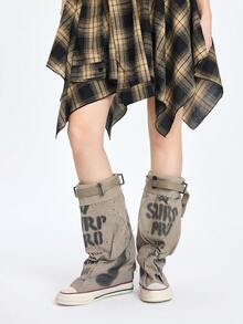 ROMWE Grunge Punk 秋冬女士圆头厚底平底短靴，春秋季休闲帆布短靴，女靴 - 灰色 - 查看 3