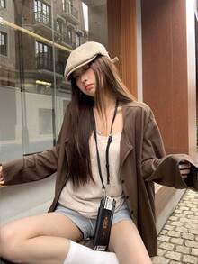 K-Vae 休闲纯色前开襟宽松外套，秋季百搭 - 棕色 - 查看 6