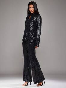 NYA SZN Women's Black Sequin Matching Set,Autumn Elegant Seksi Chic Night Out Outfits With Long Sleeve Button Up Collar Top & High Rise Slim Straight Pant - Black - View 5