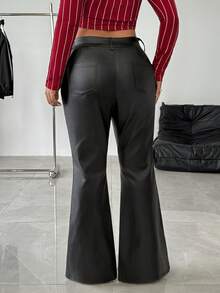 Jeanoix Pantalon noir enduit élastique grande taille pour femmes, pantalon en PU taille haute personnalisé avec ceinture métallique, style sexy européen et américain avec jambes évasées - Noir - Voir 2