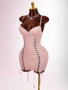 Amplova Women's Sexy Romantic Retro Tie-Up Mini Dress With Built-In Chest Pad, Spaghetti Strap Bodycon Mini Dress, Suitable For Autumn/Winter, Halloween, Christmas, New Year Party, Valentine's Day Date - Multicolor - View 3