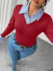 Elenzga 大码女式条纹衬衫领长袖T恤 - 紅色 - 查看 4