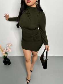 Firerie Plus Size Elegant Olive Green Autumn Long Sleeve Mini Dress, Night Out Club Ruched Turtle Neck Bodycon Dress,Curve Fitted Valentine's Day Outfit - Army Green - View 9