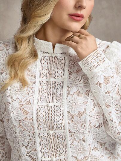 Zelara Blusa de manga larga con cuello mao de encaje de unicolor y talla grande