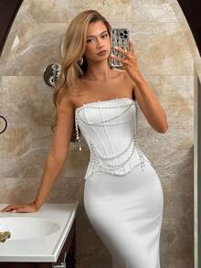 Vowa Elegant Fashionable Mesh Pearl Tassel Fishbone Arch Bustier And Bodycon Mini Skirt Set, Suitable For Various Occasions Such As Formal Weddings, Afternoon Tea, Holidays, Ladies' Mesh Influencer Events, Parties, And Other Outfits White Formal Evening Gown - White - View 1