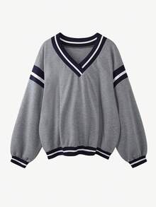Zielony Sweatshirt Wanita Kasual Luar Ruangan Longgar dengan Warna Kontras untuk Ski dan Aktivitas Olahraga, Musim Gugur/Dingin - Grey - View 5