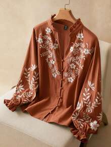 Elaquor Plus Size Floral Embroidery Notched Neck Casual Vacation Boho Brown Blouse Spring - Rust Brown - View 1