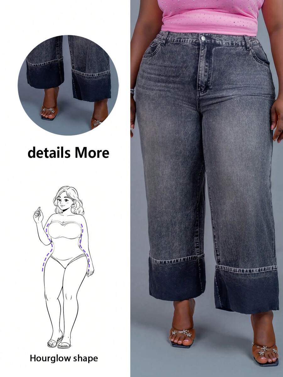 CurvyTilda سروال جينز واسع الساق عالي الخصر مغسول لقياسات كبيرة - رمادي - مشاهدة 1