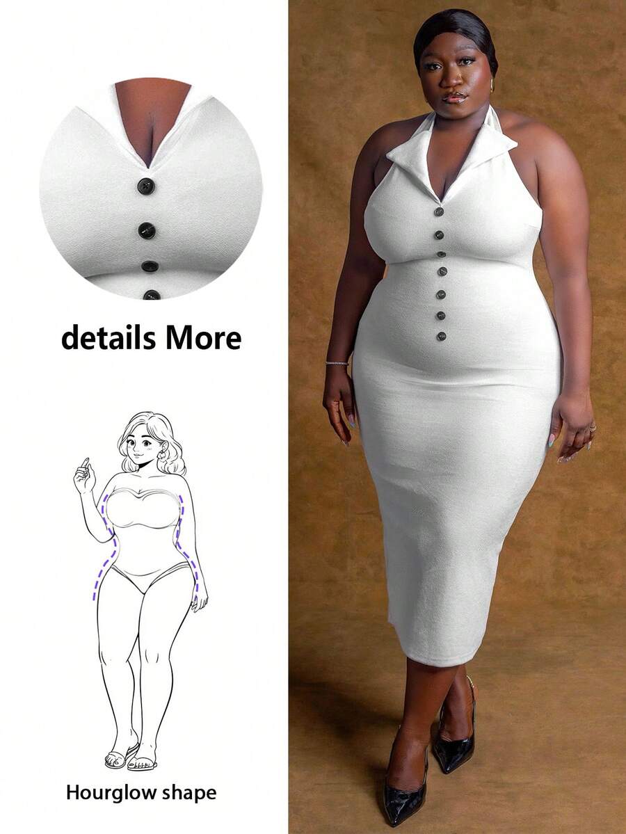 CurvyTilda 女士秋季服装,冬季加大码女士优雅简约纯色露背吊带修身连衣裙,夏季,夜店性感装扮 - 白色 - 查看 1