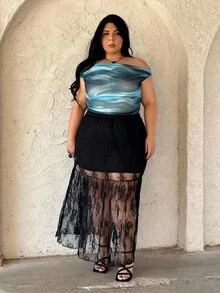 Truni Elyhuante_03 Plus Size Women Asymmetrical Hem Sleeveless Tie-Dye Print Romantic Slim Fit Blouse, For Pear Triangle Body Shape, For Body Shape, For Summer - Multicolor - View 3