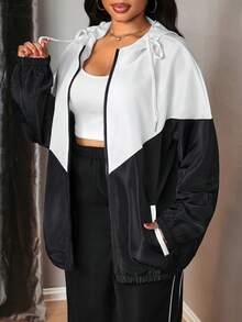 Truni Plus Size Women Contrast Color Zip Front Drawstring Hooded Casual Jacket,Back To School Winter Fall Autumn, For Pear Triangle Body Shape - Multicolor - View 4