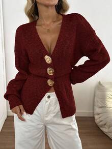 Easowa New Autumn Casual Dropped Shoulder Cinched Waist Elegant Cardigan For Women - Burgundy - View 4