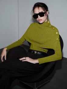 SHEIN Luminelle 新款女士金属纽扣装饰长袖针织毛衣斗篷 - 綠色 - 查看 6