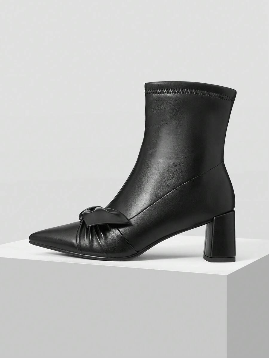 MOTF Giày bốt mũi nhọn cao đến giữa bắp chân họa tiết nơ thời trang nữ - màu đen - Xem 2