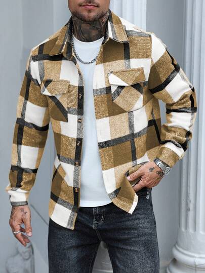 Manfinity Homme Men's Lapel Pocket Plaid Single-Breasted Fashionable Versatile Wool Blend Jacket