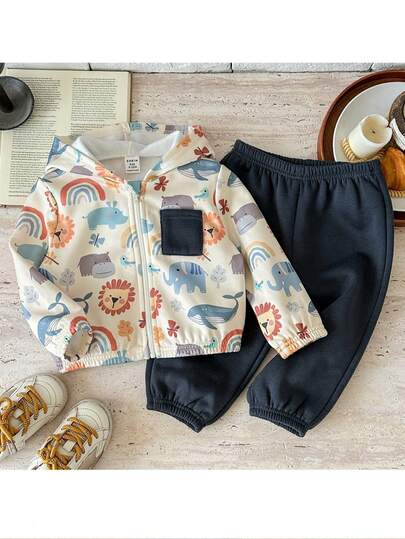 Pixure   2pcs Baby Boy Knitted Cute Animal Pattern Hooded Casual Jacket And Pants Set,Hoodie,Baby Boy Clothes,هودي,ملابس شتويه