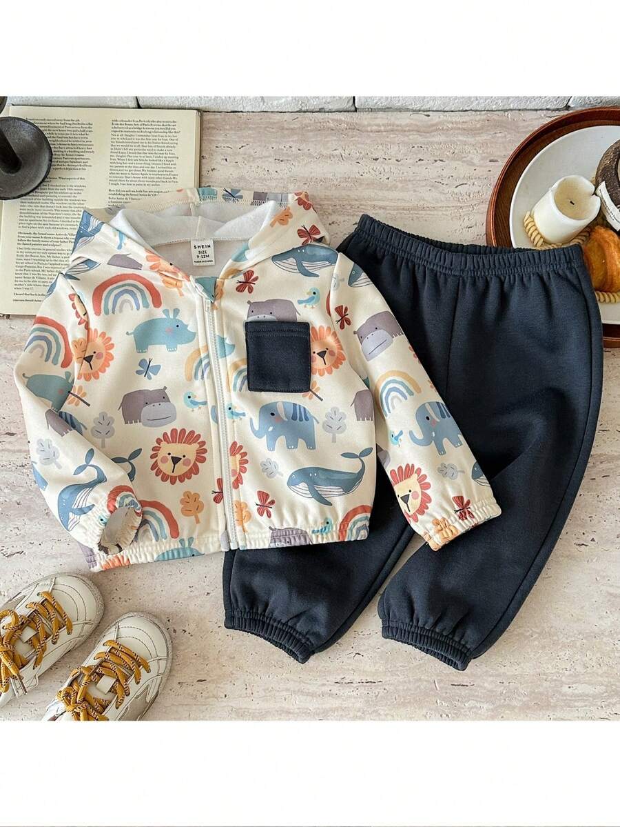 Pixure   2pcs Baby Boy Knitted Cute Animal Pattern Hooded Casual Jacket And Pants Set,Hoodie,Baby Boy Clothes,هودي,ملابس شتويه - Multicolor - View 1